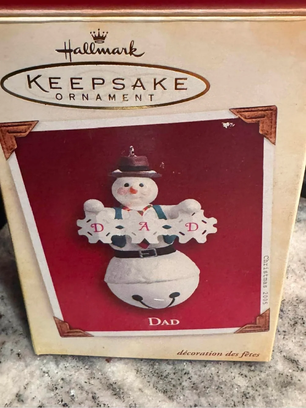 2005 vintage Hallmark White Snowman 'Dad' Ornament with Red Accents